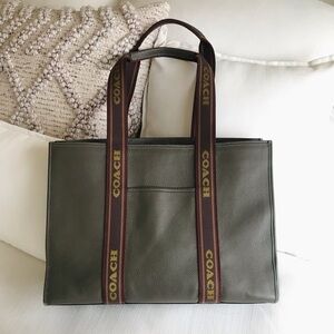 Coach Olive Green Leather Tote with Brown Logo Straps